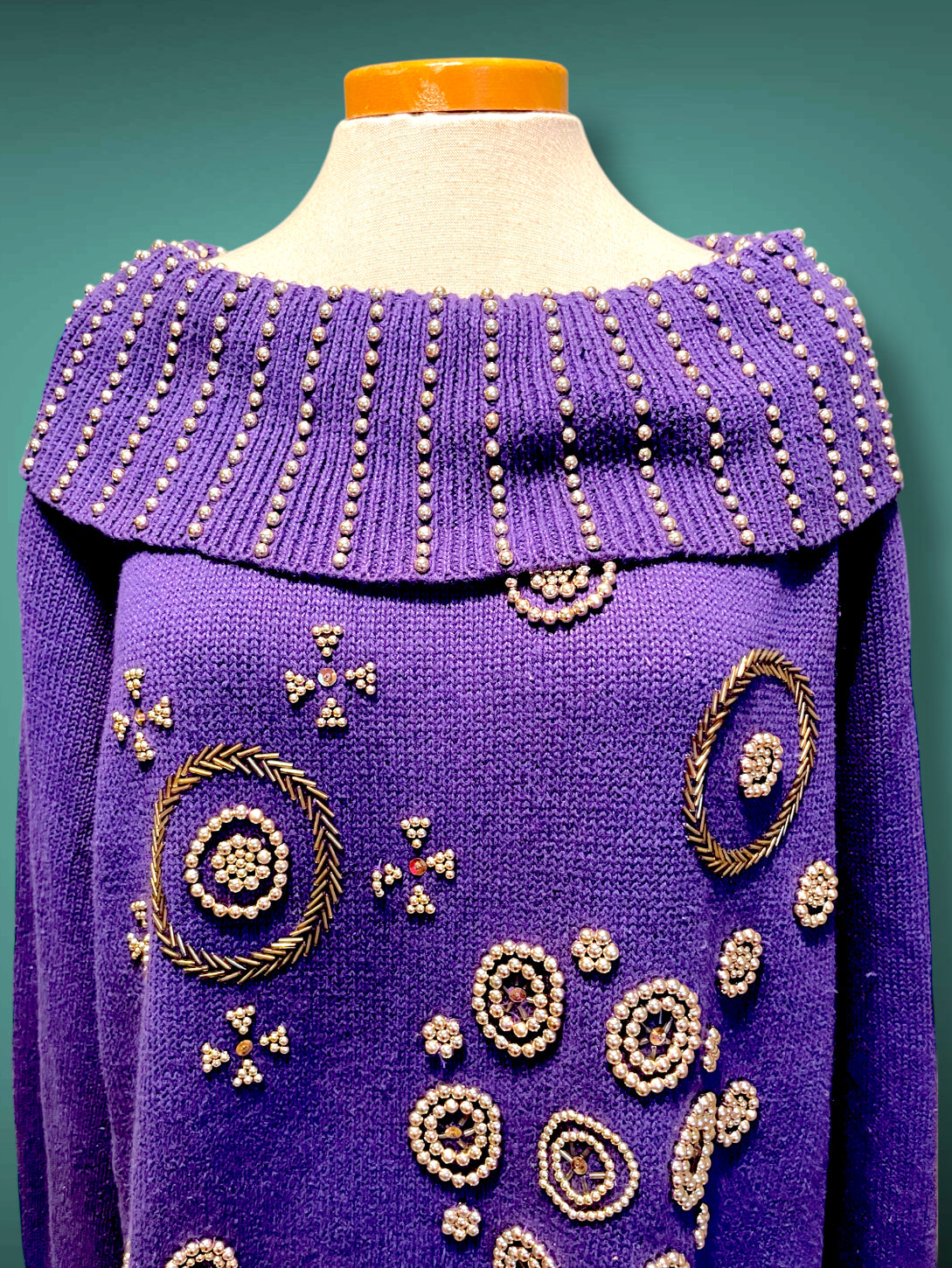 Vintage 1980’s Purple Oversized Boat Neck Sweater with Gold Bead Detail Design