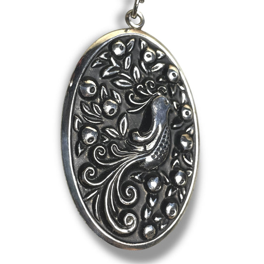 Sterling Silver Repoussé Oval Peacock Bird Necklace Pendant