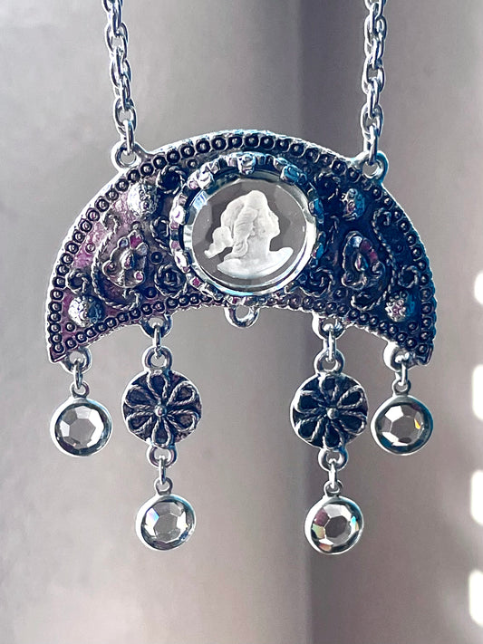 Grey Faceted Intaglio Cameo Crescent Moon Dangling Crystal Vintage Necklace