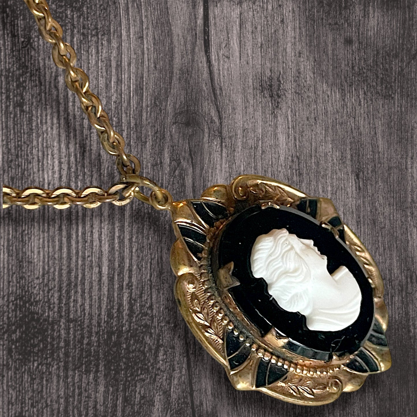 Antique Victorian Black & White Art Glass Mourning Cameo Gilded Brass Locket Necklace