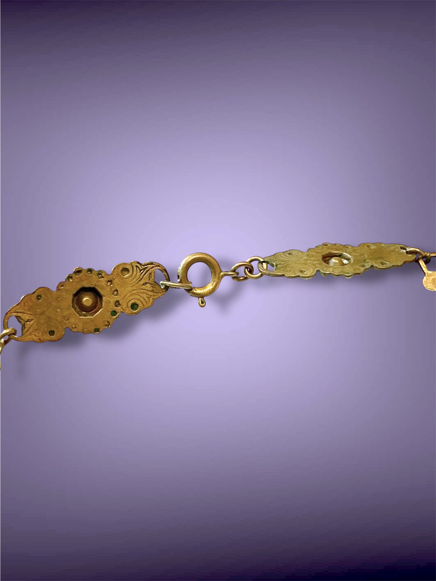 Czechoslovakian Brass Art Nouveau Floral & Flourish Lapis Blue Art Glass & Sapphire Crystal Necklace