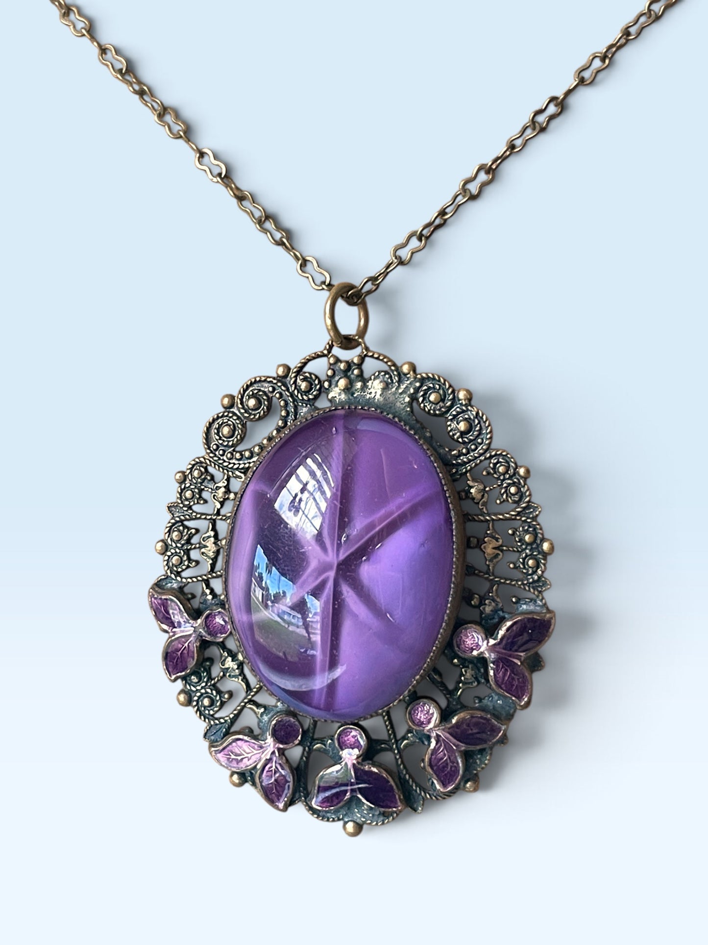 Art Nouveau Nieger Brothers Purple Cat Eye Star Art Glass Enamel Flower Brass Filigree Necklace