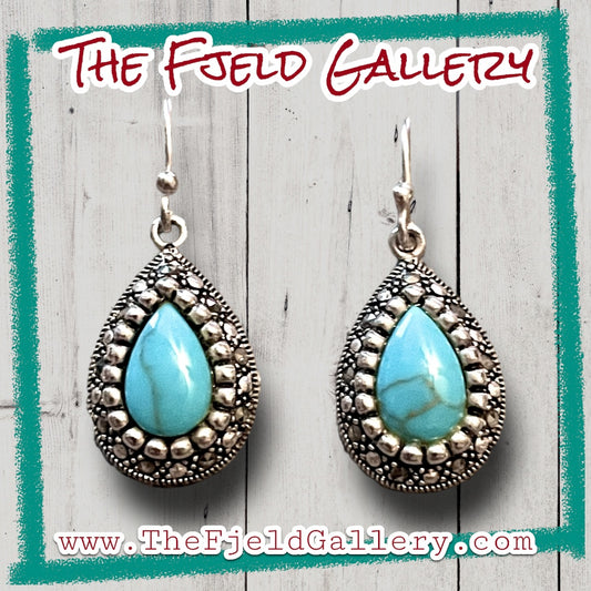 Sterling Silver & Marcasite Turquoise Teardrop Dangle Earrings