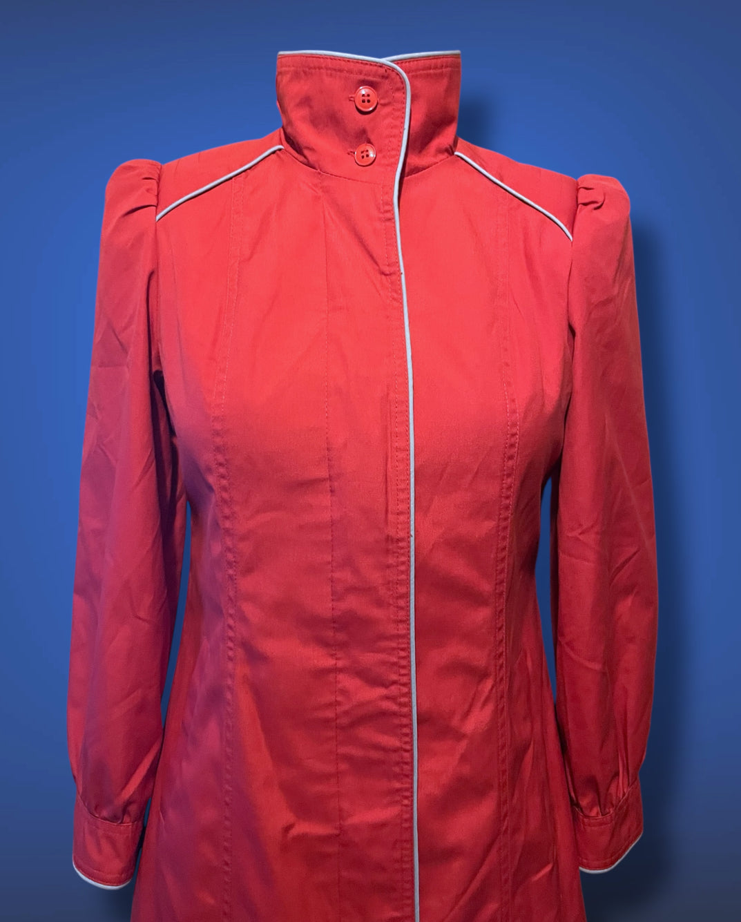 Vintage 1970’s Magenta Pink Long Trench Coat with Grey Piping Mod Detail