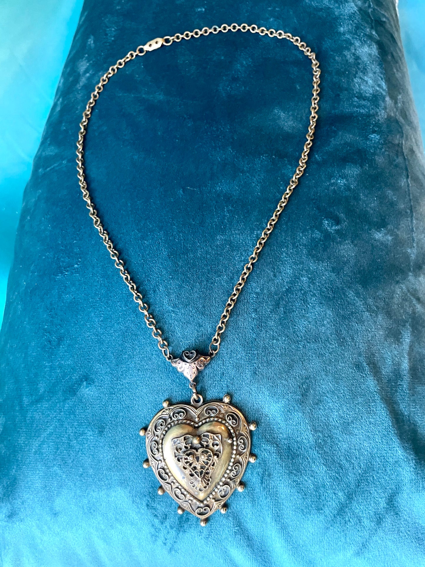 Art Nouveau Brass Filigree Heart Shaped Locket Necklace