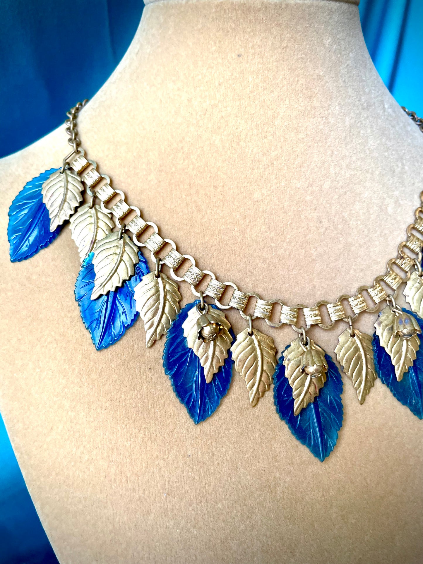 Miriam Haskell Embossed Brass & Turquoise Translucent Early Plastic Leaf & Bell Victorian Booklink Choker Necklace