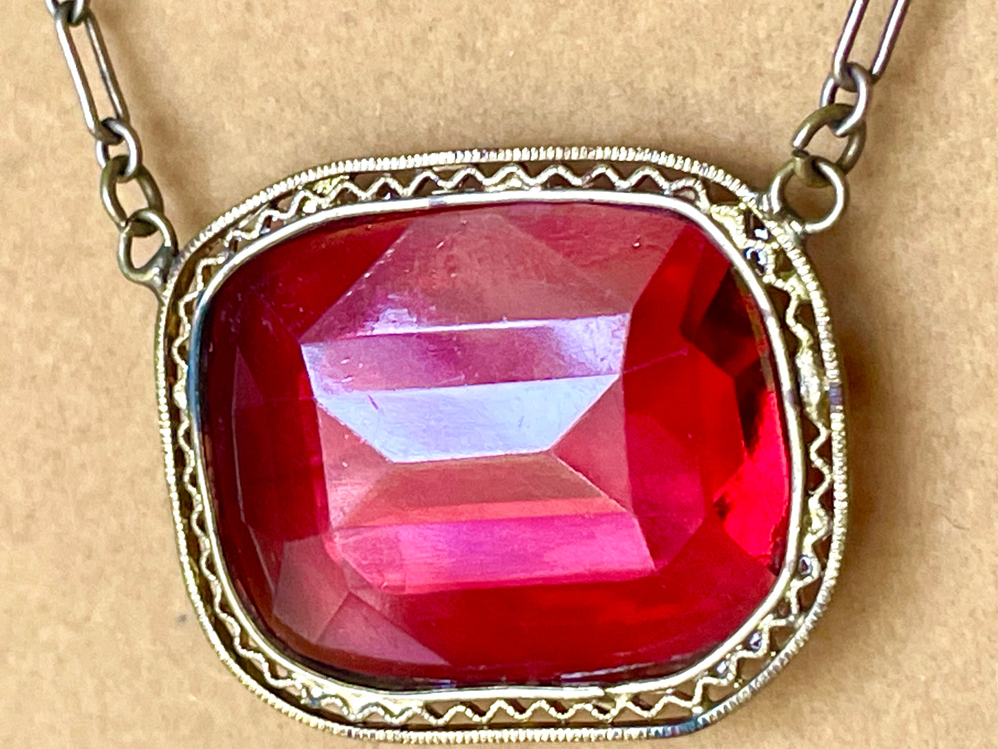 Art Deco Czech Brass Filigree Ruby Red Crystal Choker Necklace