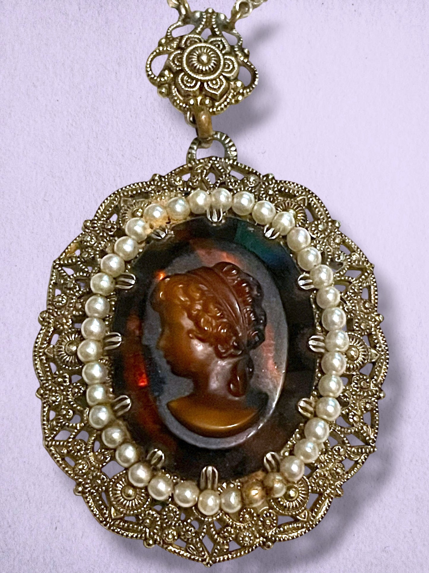 West German Brass Filigree Amber Art Glass Cameo & Pearl Necklace