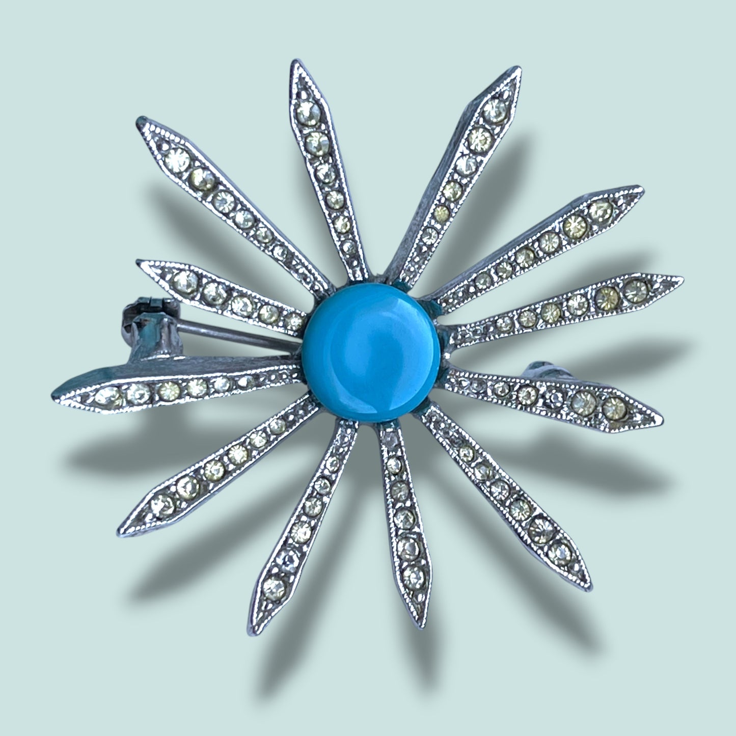 Marvella Vintage Crystal Rhinestone & Turquoise Art Glass Silver Starburst Flower Brooch