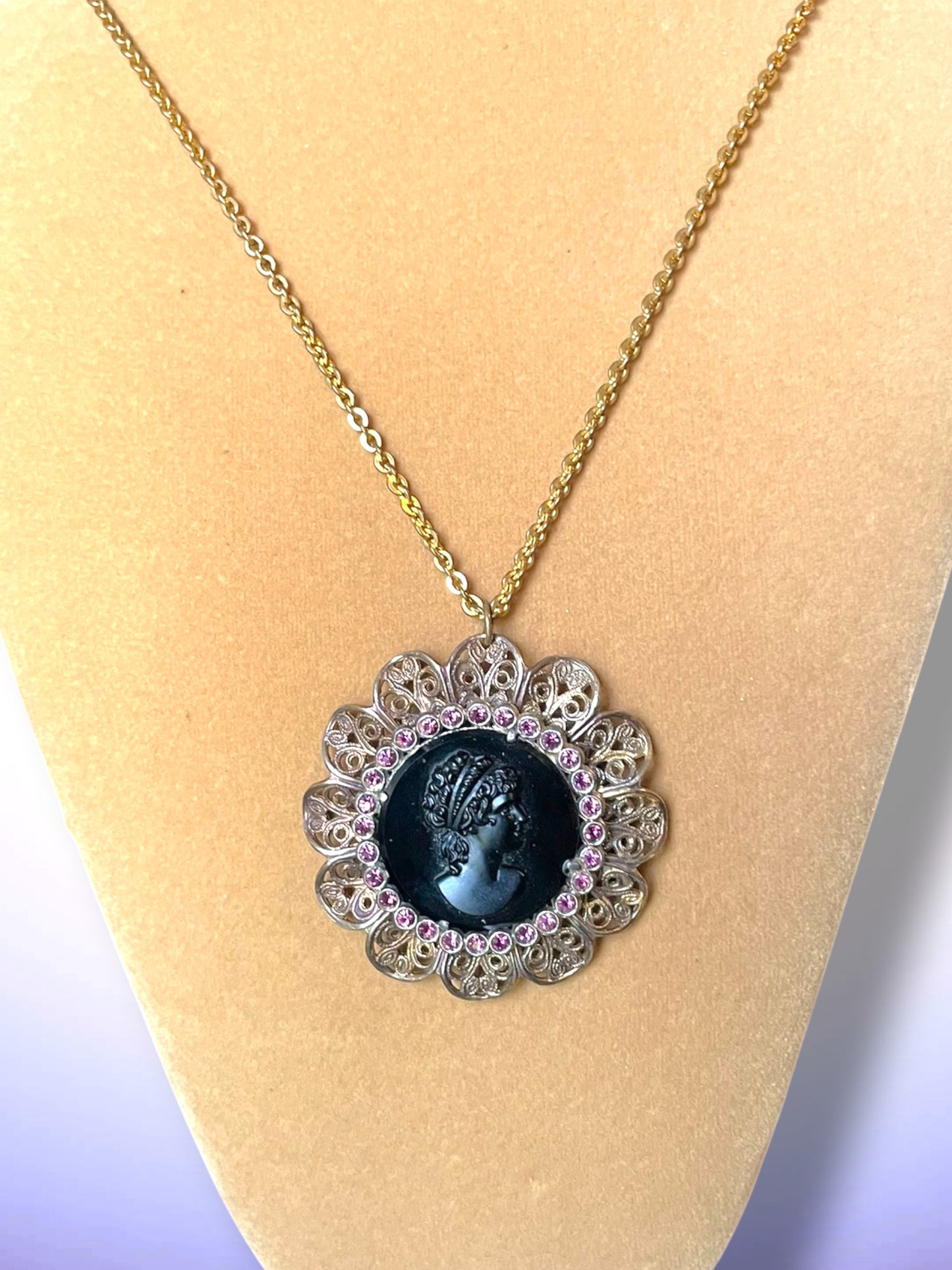 Czechoslovakian Brass Filigree, Purple Crystal, Black Art Glass Mourning Cameo Necklace
