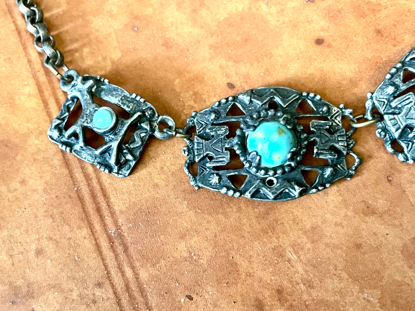 1940’s Southwest Thunderbird Cast Silver Panel Choker Necklace