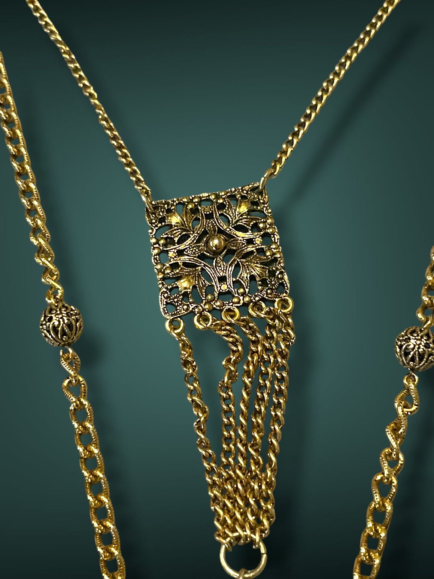 Art Nouveau Czech Gold Filigree Chestplate Turquoise Chain Dangle Festoon Necklace