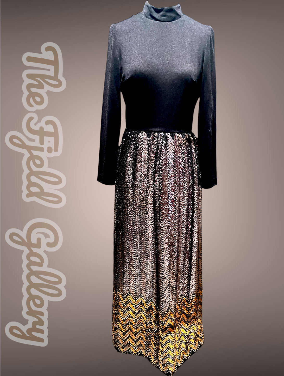 Gorgeous 1960’s Calderón Designer Black Long Sleeve Silver, Gold & Copper Metallic Sequin Maxi Dress