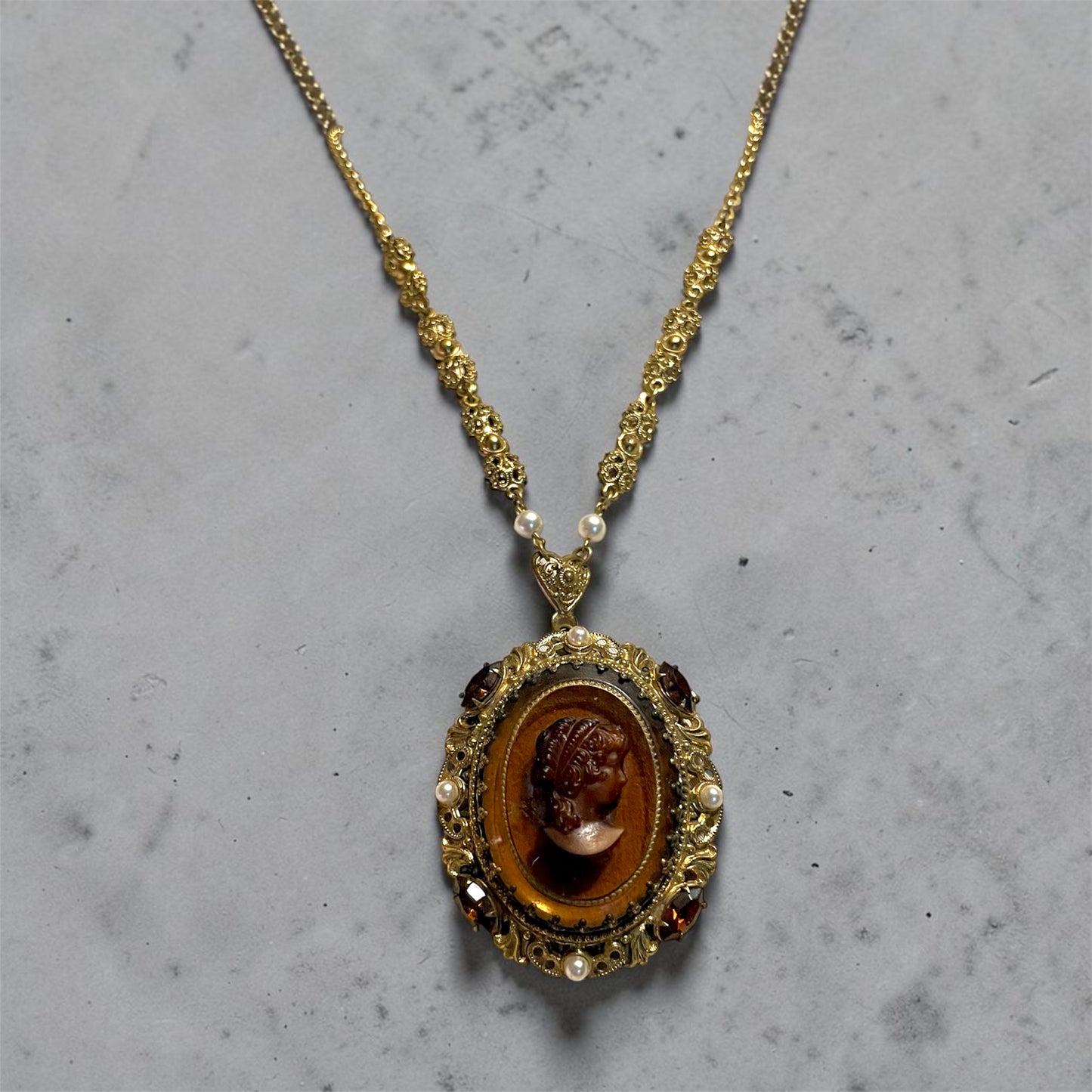 West German Brass Filigree Amber Cameo Crystal & Pearl Necklace