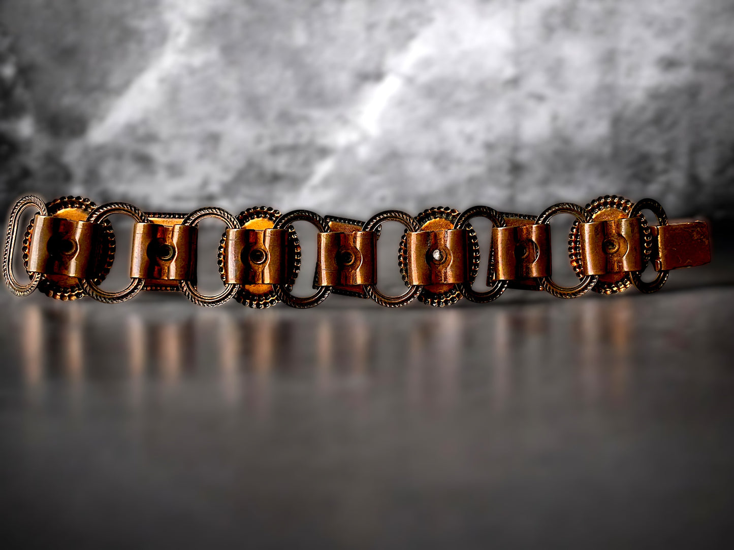 1960’s Copper Link Marble Confetti Foil Art Glass Chunky Bracelet
