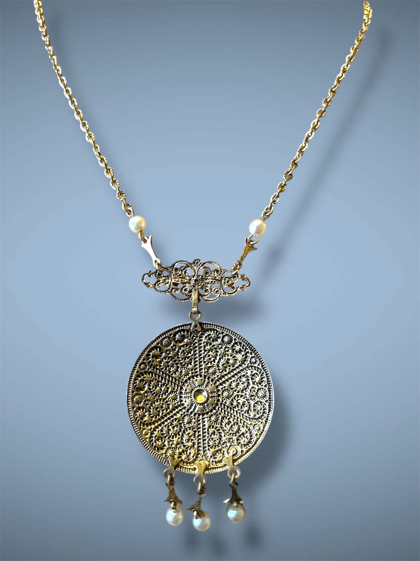 Art Nouveau Gilded Brass Filigree Porcelain Rose Floral Bouquet Limoge, Cloisonné Enamel & Blue Art Glass Necklace