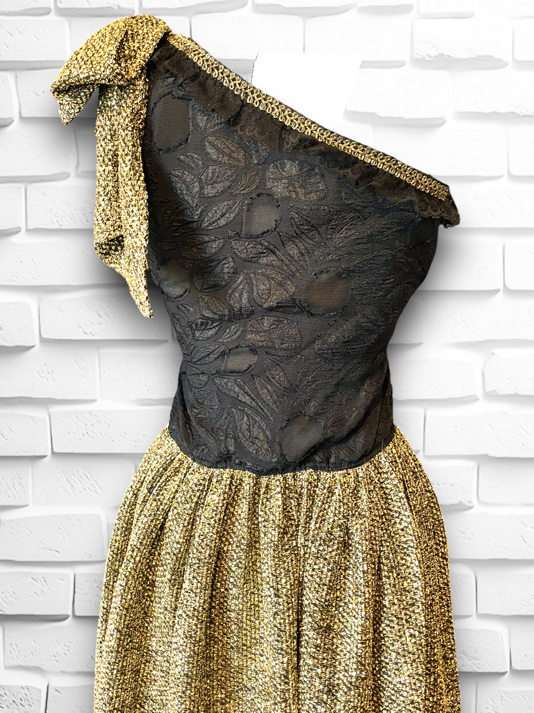 Vintage 1980’s Gold Lamé Bow & Black Transparent Bodice Long Dress