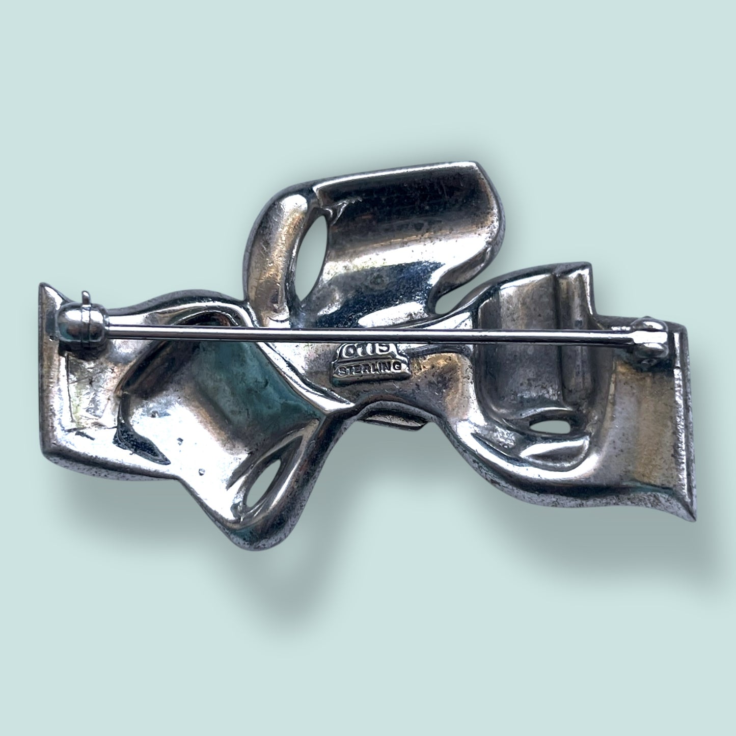 Art Deco ‘OTIS’ Sterling Silver & Crystal Rhinestone Bow Shaped Brooch