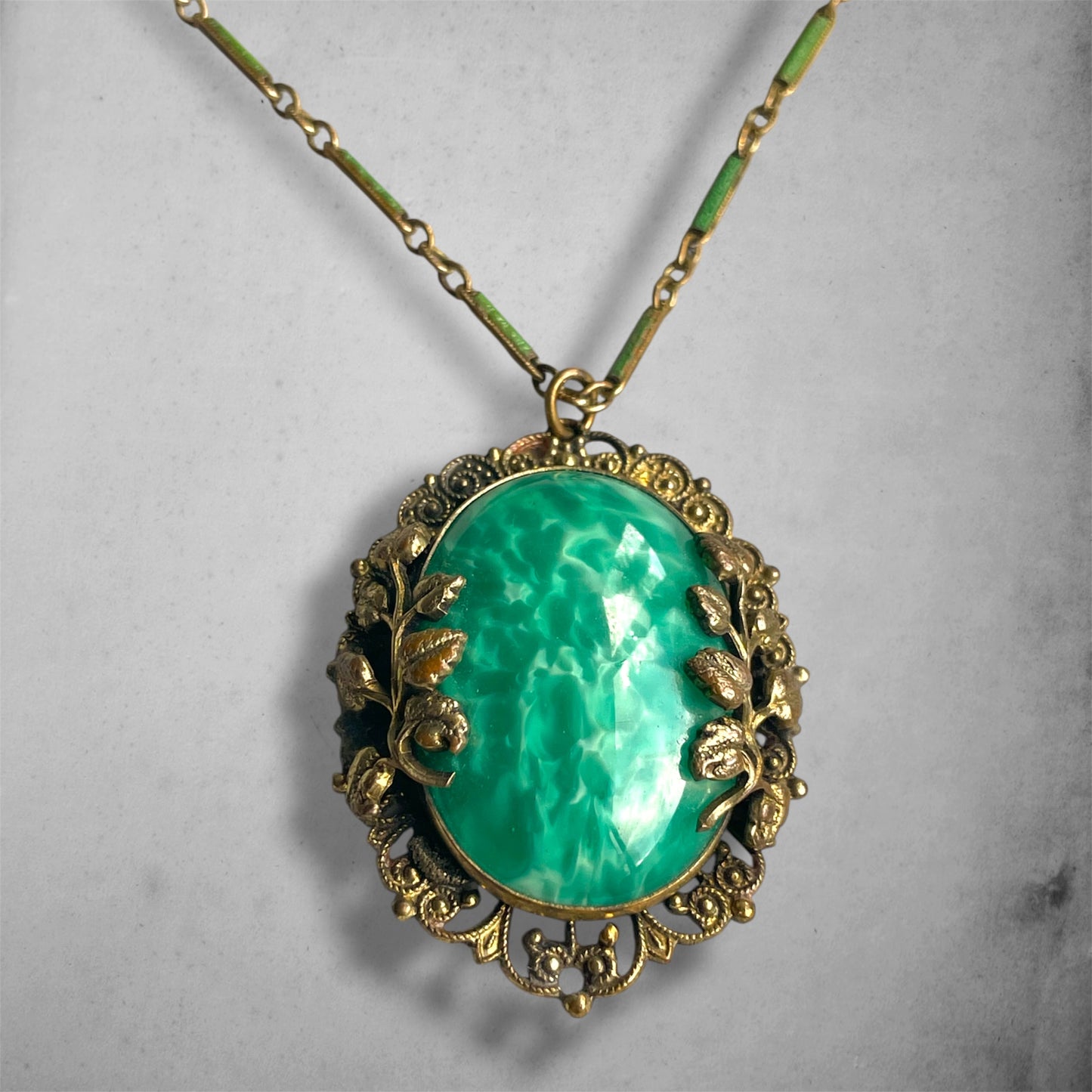 Art Nouveau Czech Peking Green Marble Art Glass Enamel Brass Filigree Necklace