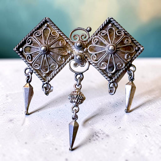 Etruscan Sterling Silver Filigree Hollow-work Dangle Brooch