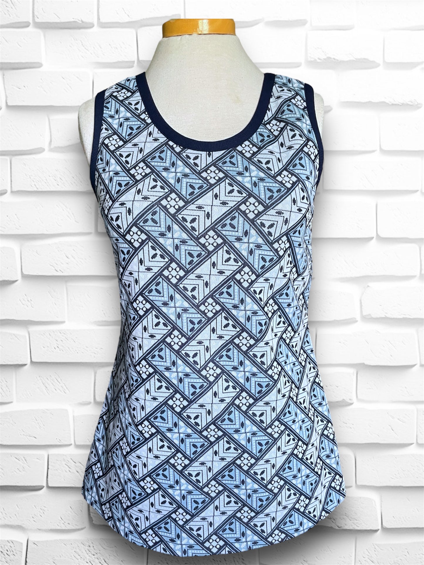 Vintage 1960’s Blue Geometric Flower Pattern Tank Top