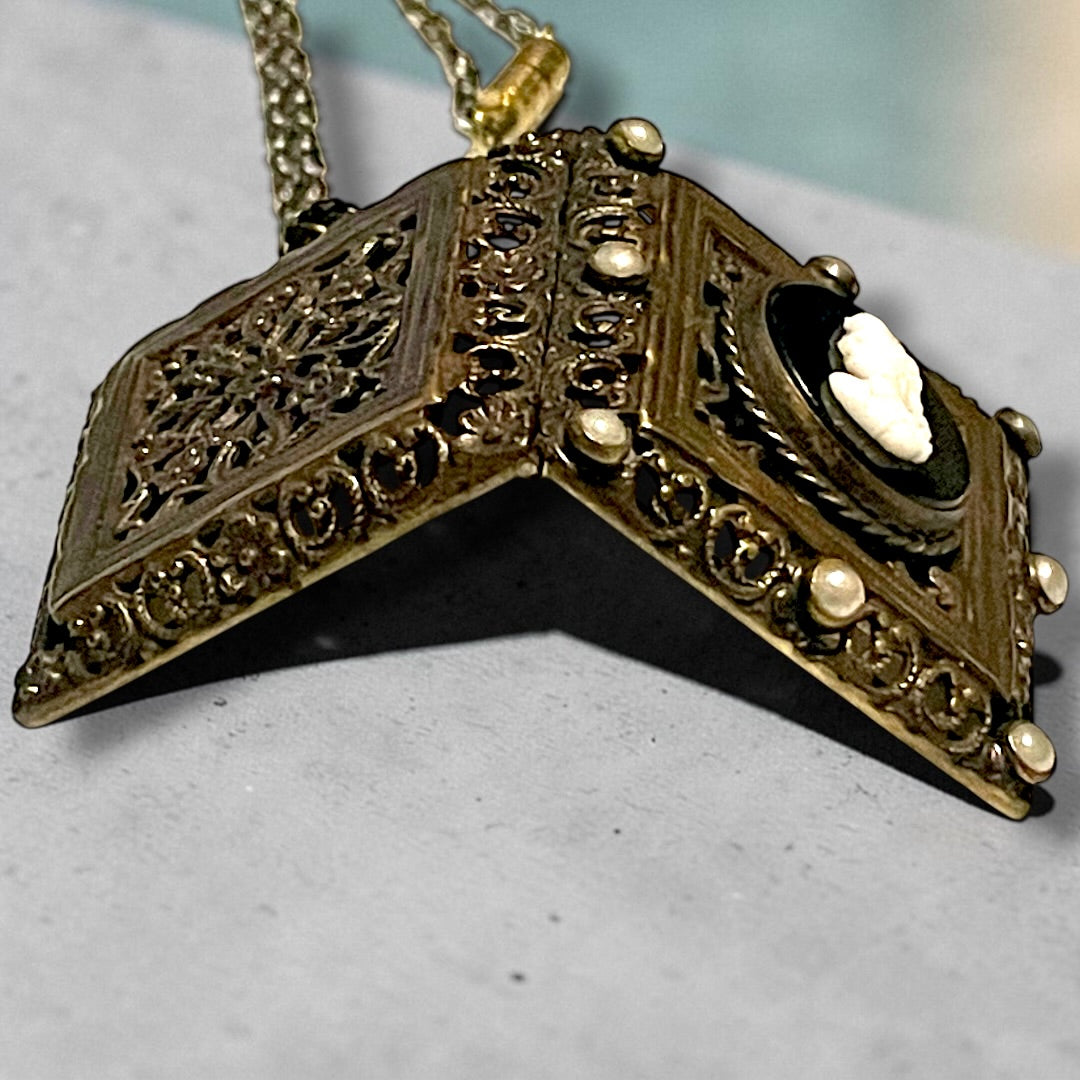 Brass Filigree Square Black & White Art Glass Mourning Cameo Photo Locket Necklace