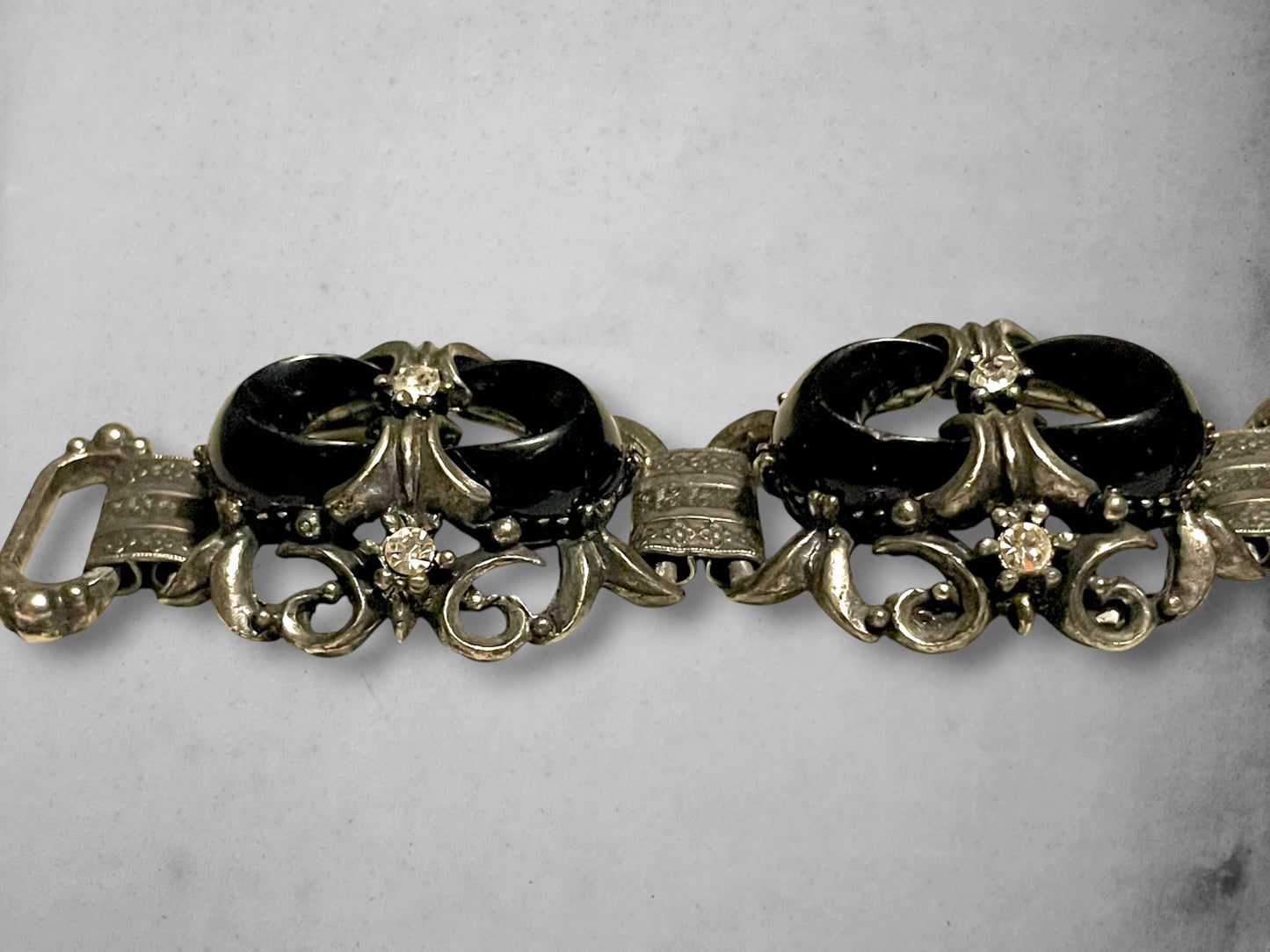 Victorian Booklink Chain Black Crescent Moon Crystal Panel Bracelet