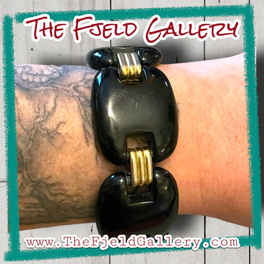 Early Plastic Vintage Black Lucite & Gold Link Chunky Panel Bracelet