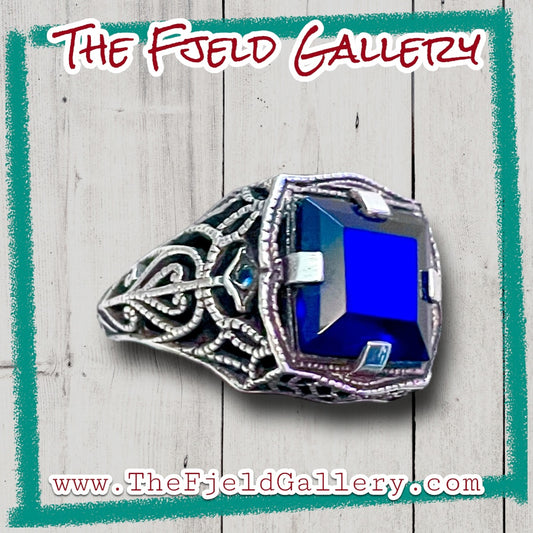 Sapphire & Aquamarine Victorian Sterling Silver Filigree Ring