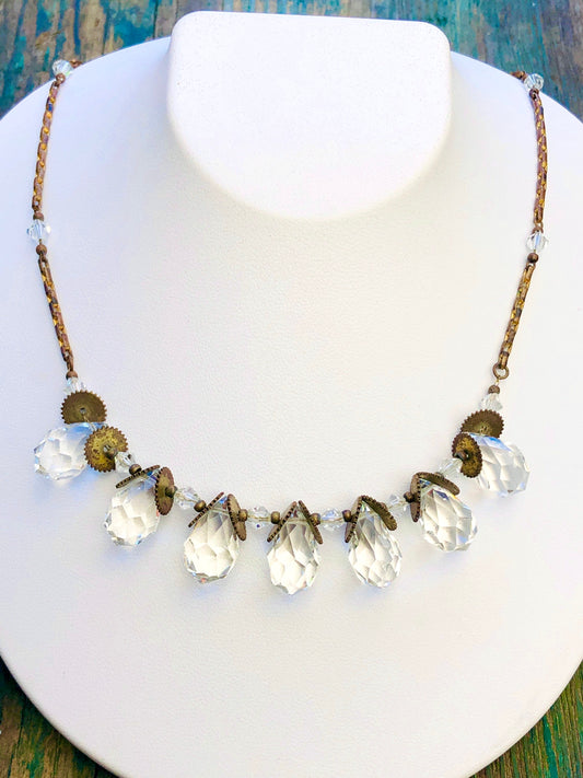 Antique Victorian Faceted Quartz Gemstone Briolette Teardrop & Brass Sawblade Festoon Necklace