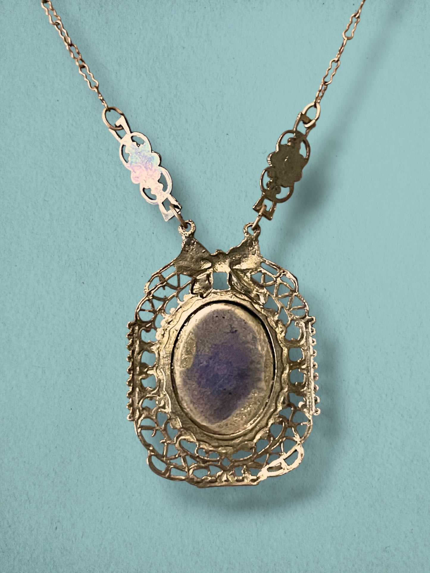 Art Nouveau Brass Filigree Blue Rose Porcelain Limoge Locket Necklace
