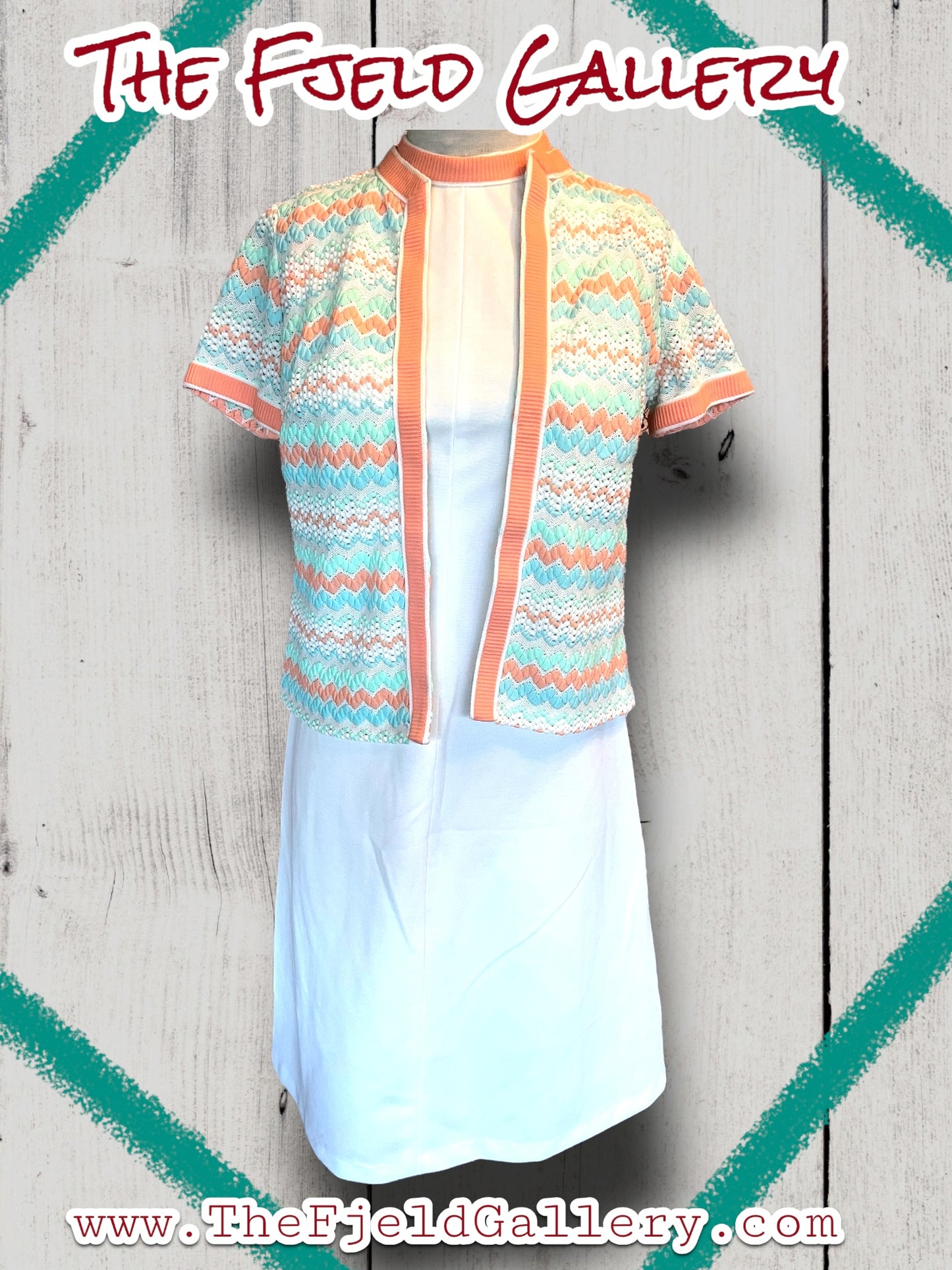 1960’s Vintage A Line White & Pastel Pink, Blue & Green Spring Sleeveless Dress & Sweater Set
