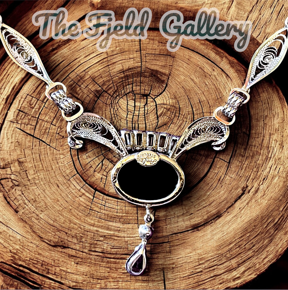 Vintage Art Deco Onyx & Crystal Amy Lee Sterling Filigree Necklace