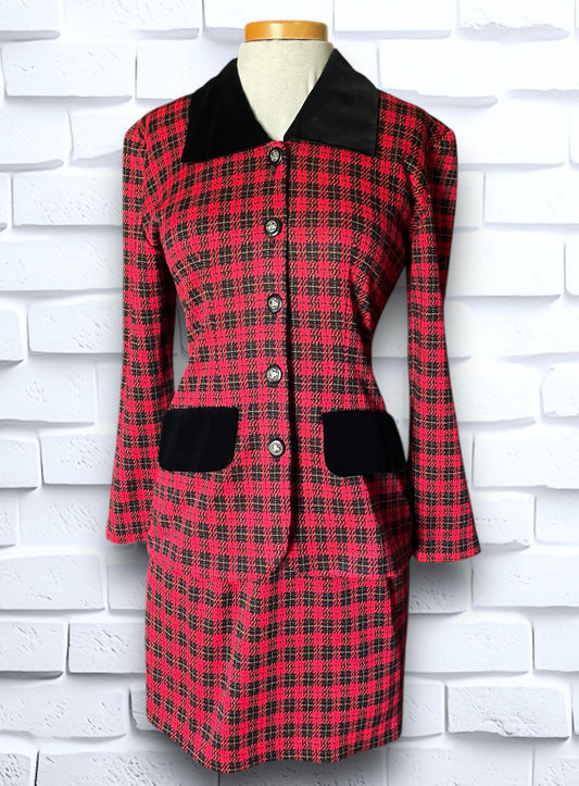 Vintage Red, Black & Yellow Plaid Skirt Suit with Black Velvet Detailing