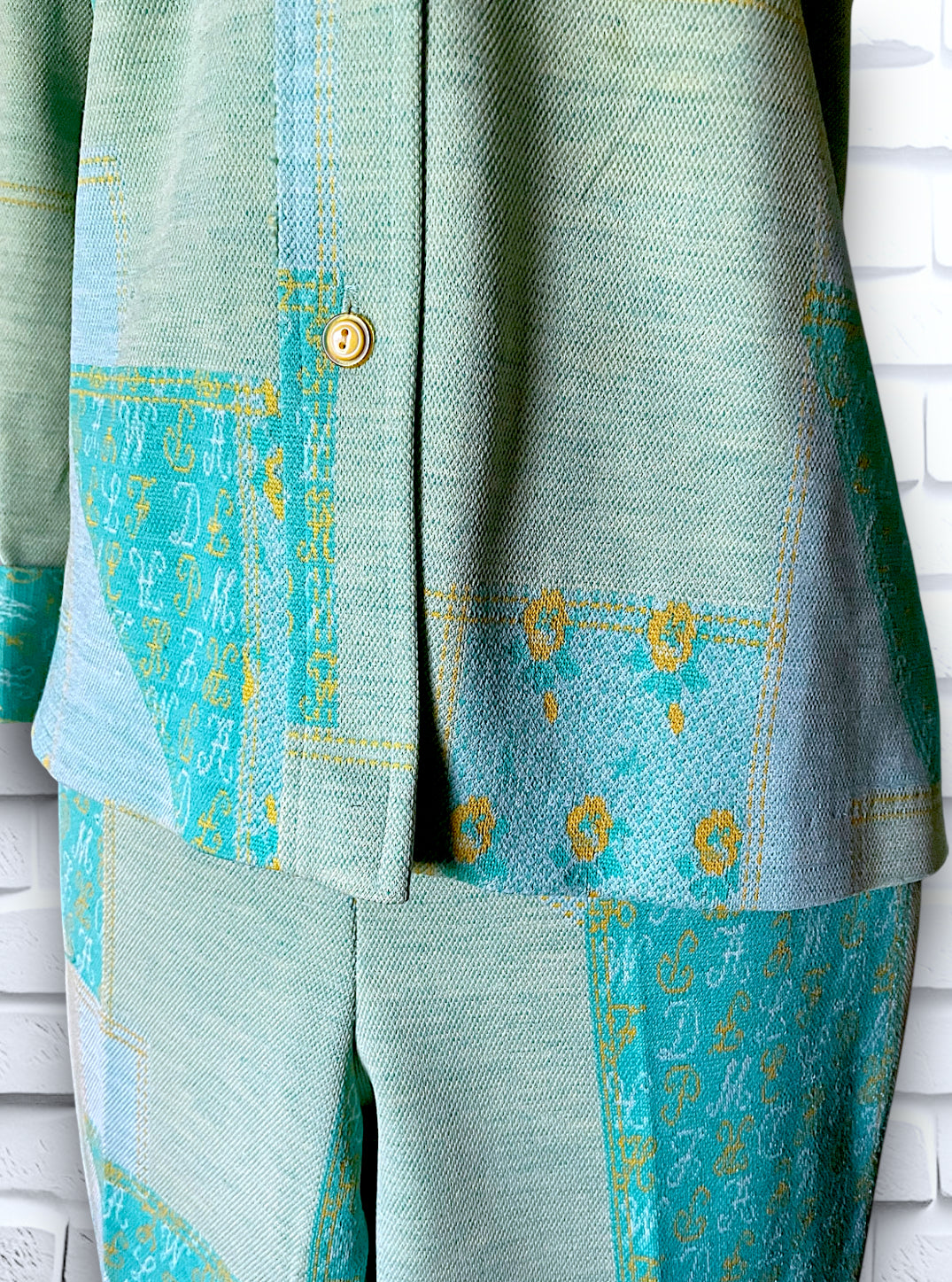 1960’s Teal, Sea Foam Green & Yellow Patchwork & Monogram Pattern Suit Outfit