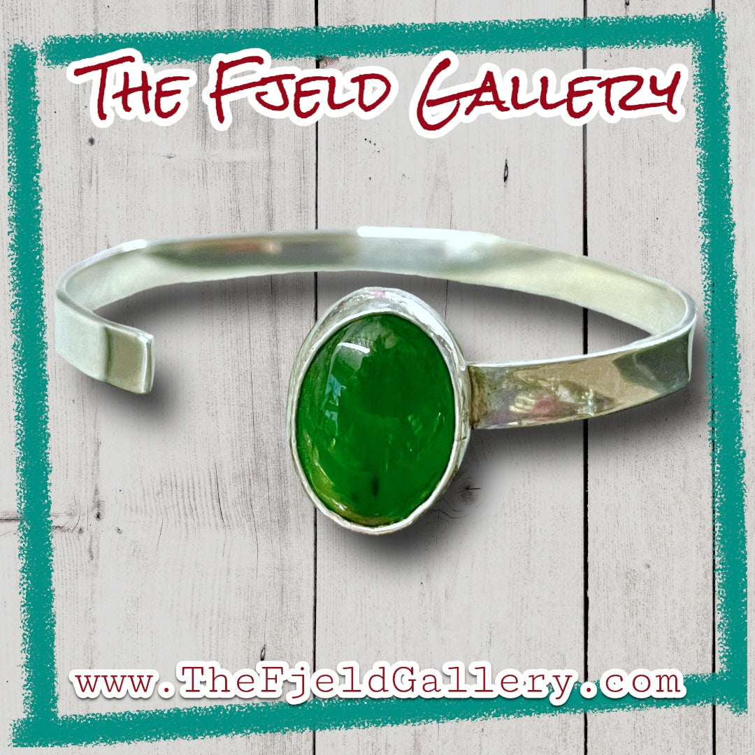 Green Jade Cabochon Sterling Cuff Bracelet
