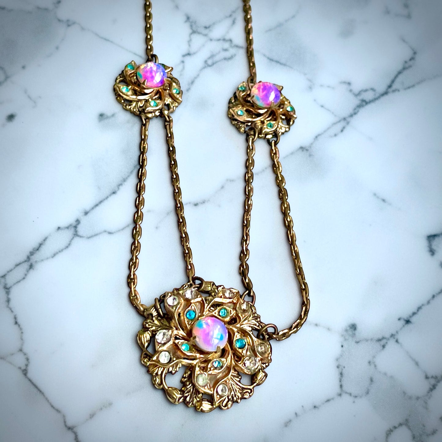 Edwardian Pink Gold Foil Art Glass Dragons Breath Fire Opal Festoon Necklace