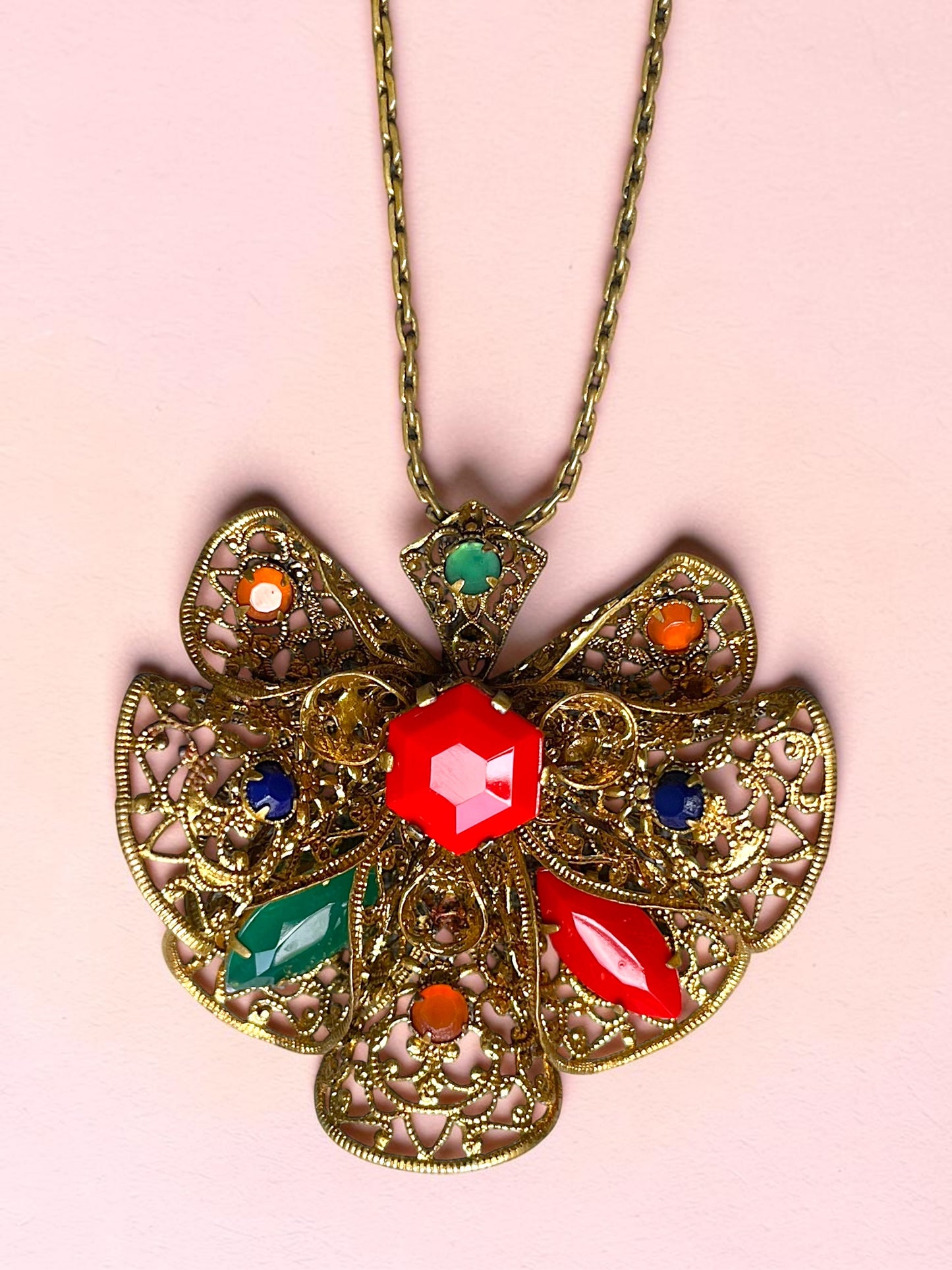 Czechoslovakian Red, Blue, Green & Orange Faceted Art Glass Brass Filigree Necklace