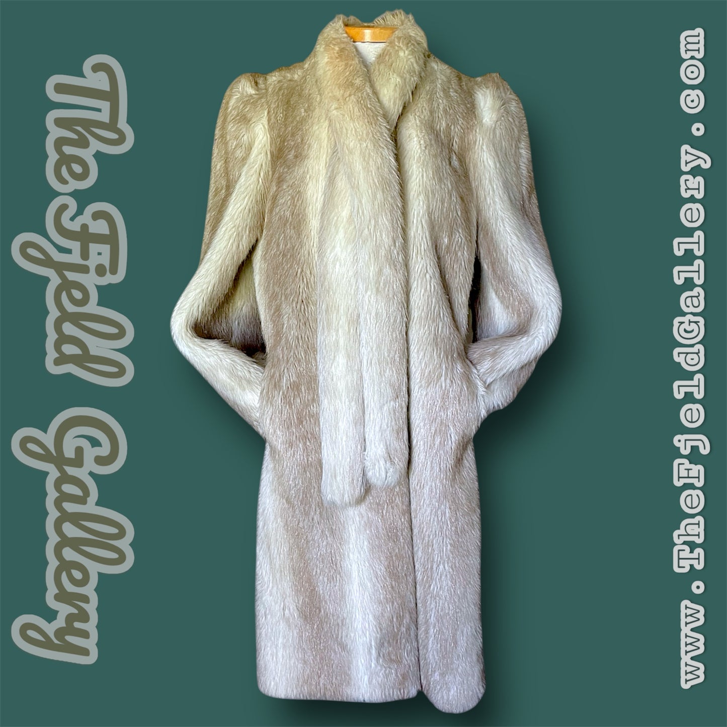 1960 Beige & Ivory Faux Fur Long Overcoat w/ Attached Fur Scarf