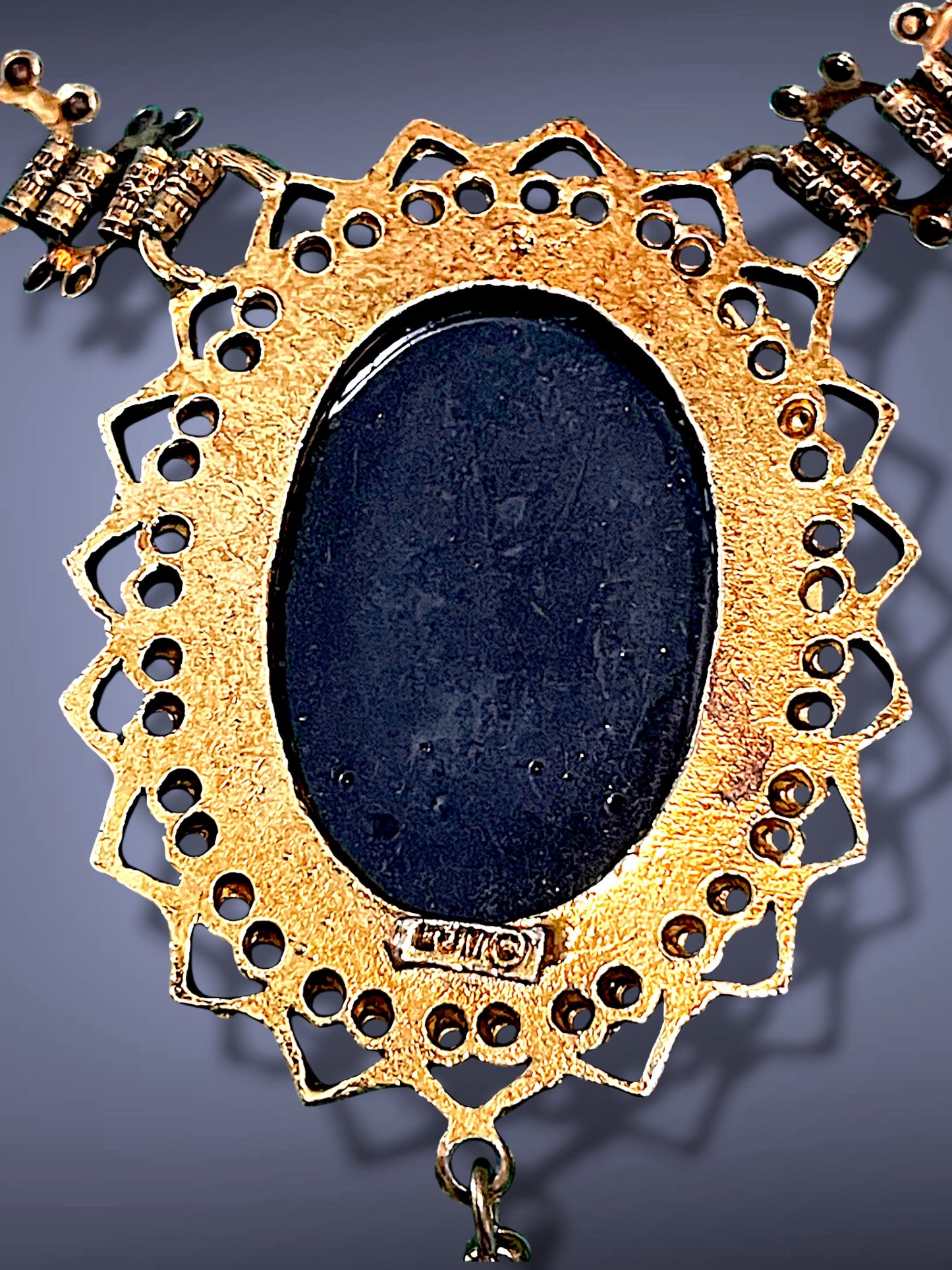 Victorian Gold Book Link Chain Black & Cream Mourning Cameo Designer Signed Necklace