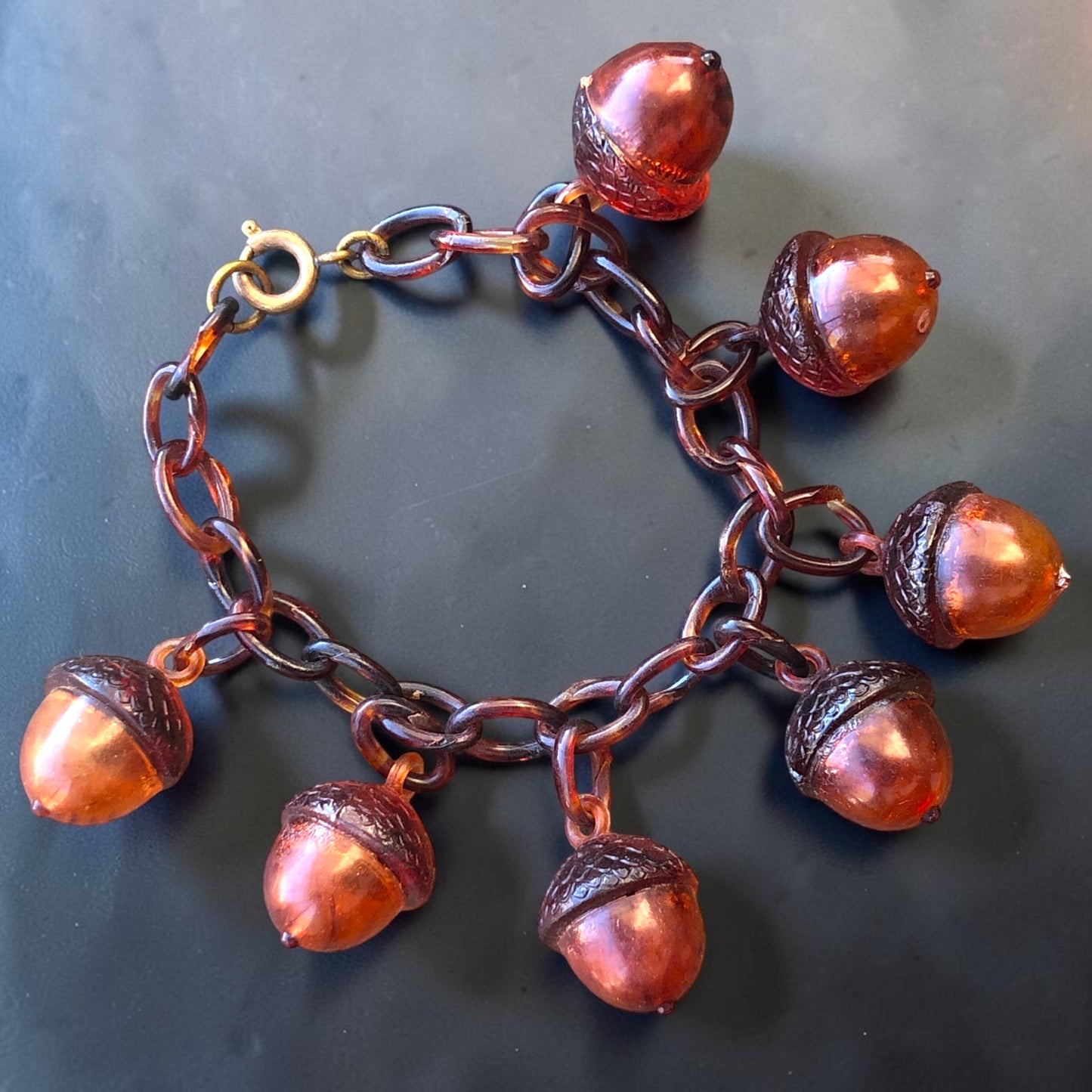 Antique Art Nouveau Early Plastic Hollow Tortoise Shell Acorn Charm Bracelet