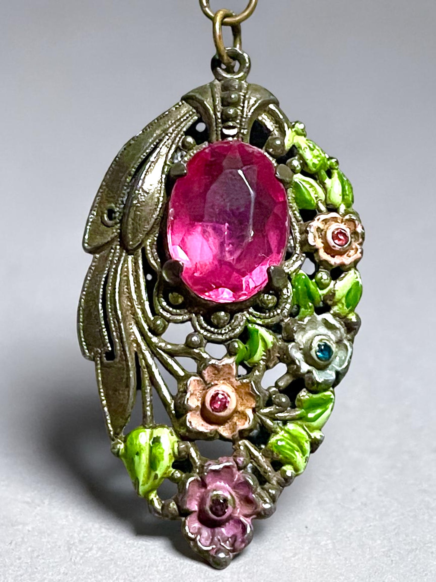 Art Nouveau Pink Paste Stone Pastel Floral Crystal Pendant Necklace