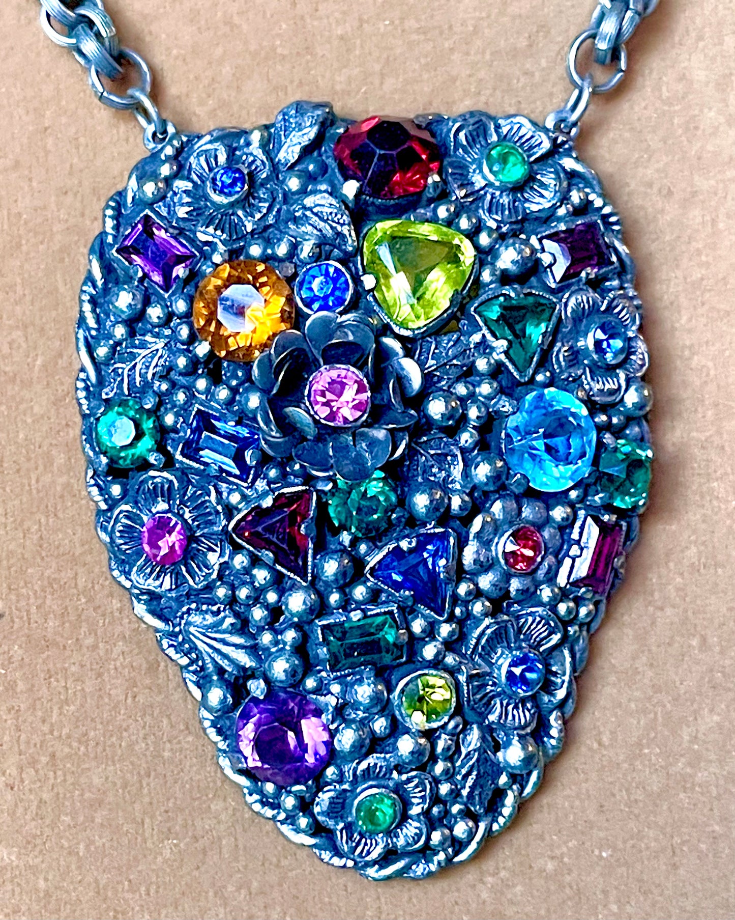 Incredible Fruit Salad Multicolor Rainbow Crystal Floral Art Nouveau Pendant Necklace