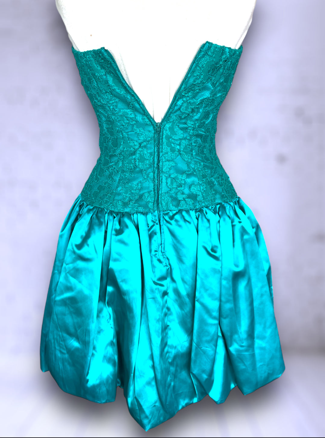 1980’s Turquoise Satin & Lace Strapless Poofy Short Skirt Big Bow Party Dress