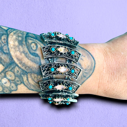 Victorian Booklink Chain Silver Filigree Openwork Pink Crystal & Turquoise Art Glass Panel Bracelet