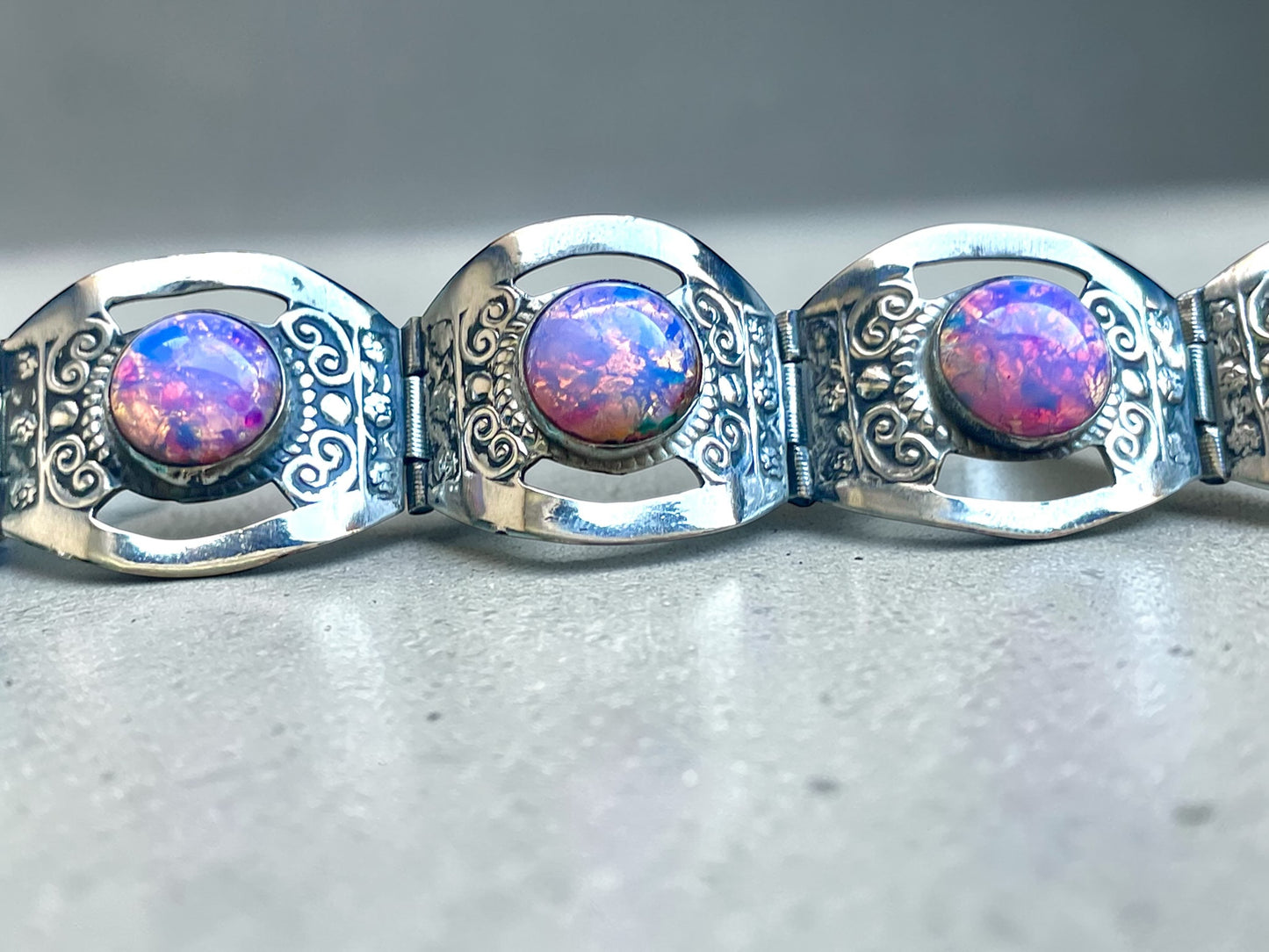 Sterling Pink Dragons Breath Fire Opal Foil Art Glass Taxco Mexico Bracelet