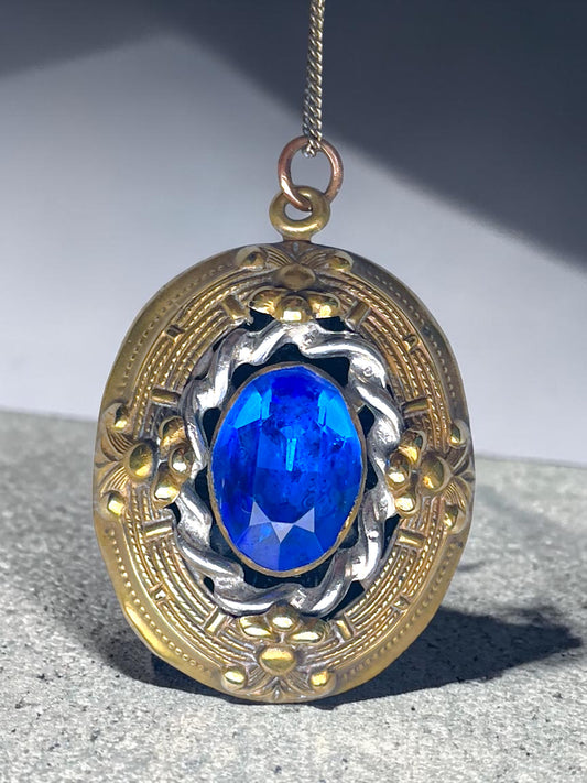 Art Nouveau Royal Blue Czech Art Glass Silver & Brass Filigree Necklace