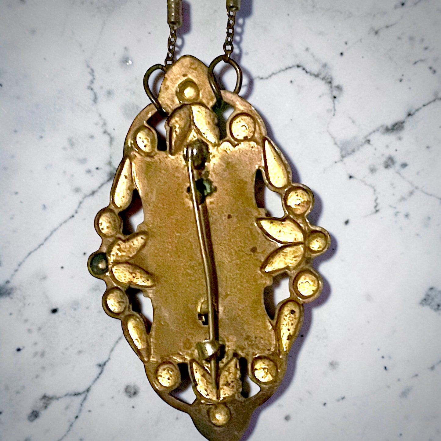 Czech Brass Green Peking Art Glass Yellow & Green Enamel Brooch Pendant Necklace