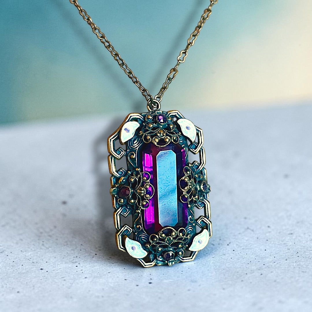 Art Nouveau Neiger Brothers Purple Crystal & Enamel Brass Filigree Necklace