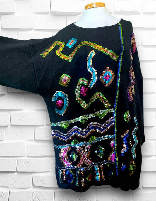 1980’s Rainbow Sequin Silk, Angora, Wool Oversized Black Sweater